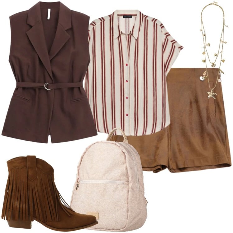 Outfit donna - Total look #2406592. Stile Casual chic per Tutti i giorni. Abbinamento con zaini, gilet, shorts, stivaletti texani, collane, camicie a manica corta.