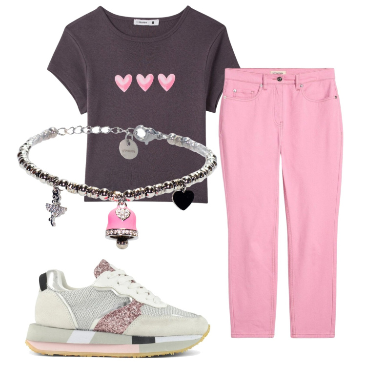 Outfit donna - Total look #2406601. Stile Casual per Scuola/Università. Abbinamento con pantaloni, t-shirt, braccialetti, sneakers.