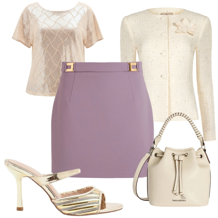 Outfit donna - Completo oro e malva up. Stile Chic per Ufficio. Abbinamento con minigonne, blazer, sabot, bluse, borse a secchiello.