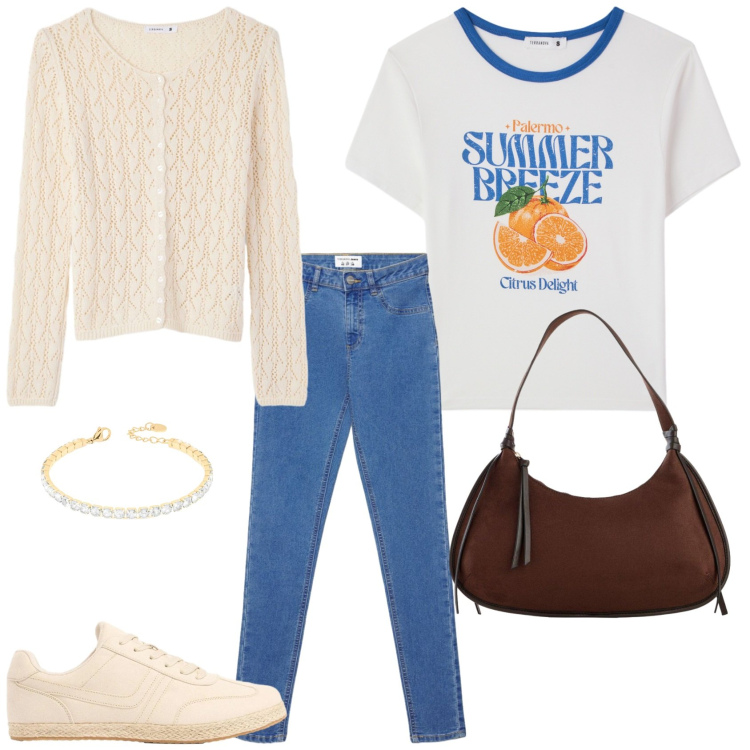 Outfit donna - Casual in primavera. Stile Casual per Tutti i giorni. Abbinamento con sneakers, borse a tracolla, cardigans, jeggings, t-shirt, braccialetti.