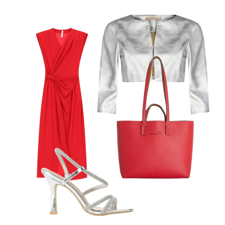 Outfit donna - Rosso e argento. Stile Casual chic per Cerimonia. Abbinamento con bolero, vestiti lunghi, sandali col tacco, shopping bag.