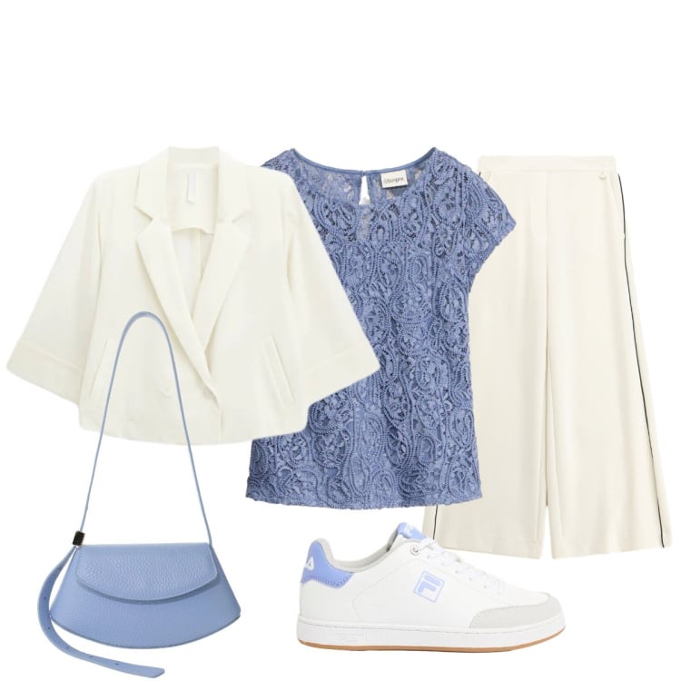 Outfit donna - Una pennellata glicine. Stile Sporty chic per Tutti i giorni. Abbinamento con bluse, sneakers, pantaloni a palazzo, blazer, borse a spalla.