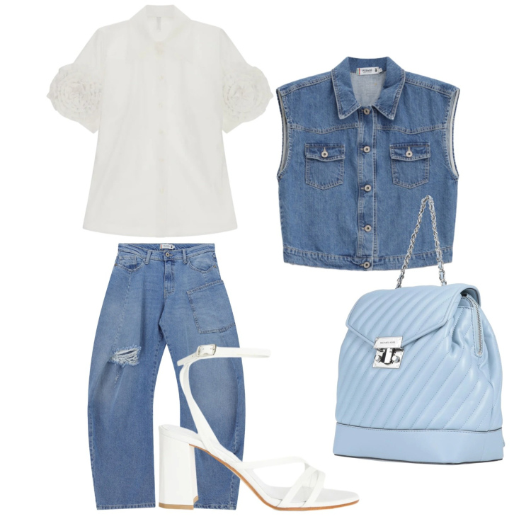 Outfit donna - La camicia a maniche corte. Stile Casual chic per Ufficio. Abbinamento con zaini, camicie a manica corta, sandali in pelle, jeans, gilet.