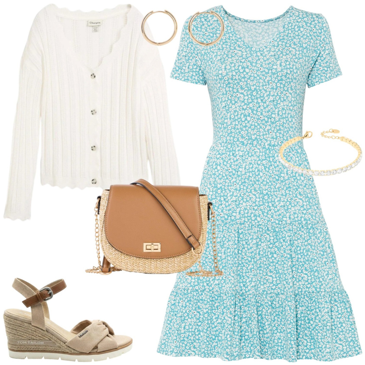 Outfit donna - Bon Ton in primavera. Stile Bon Ton per Tutti i giorni. Abbinamento con vestiti, orecchini, borse a tracolla, cardigans, sandali col tacco, braccialetti.