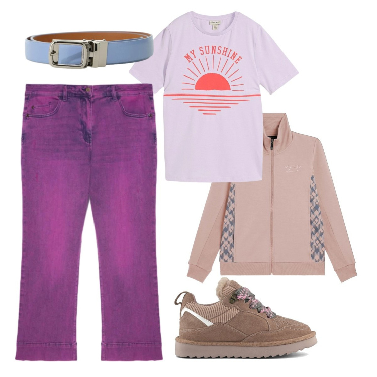 Outfit donna - Violet primavera. Stile Casual per Tutti i giorni. Abbinamento con t-shirt, cinture, felpe, jeans, sneakers alte.