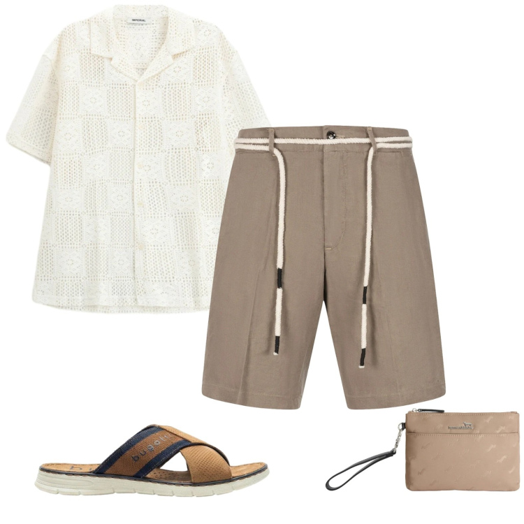 Outfit uomo - Maggio in riva al lago. Stile Trendy per Tutti i giorni. Abbinamento con sandali, camicie a manica corta, borse sportive, bermuda.