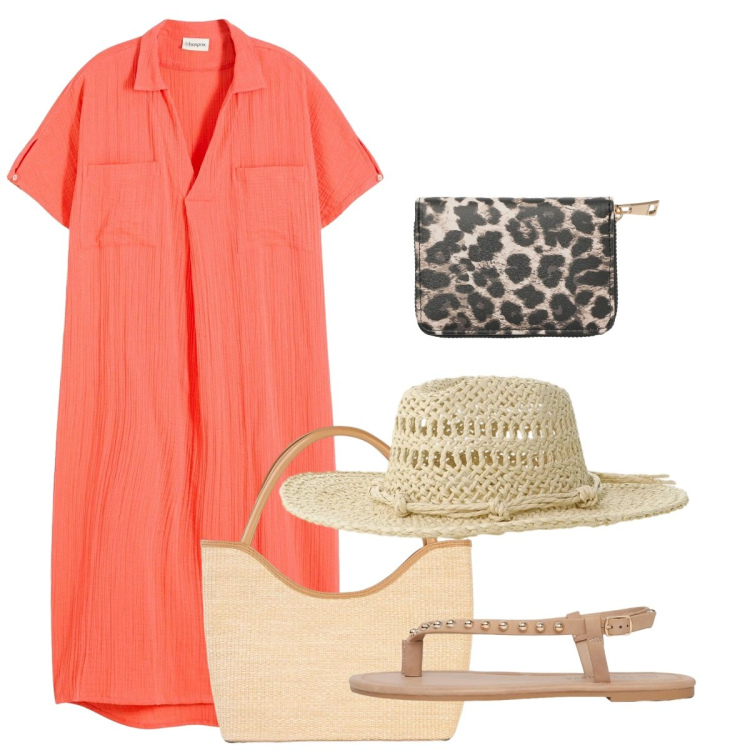 Outfit donna - Maggio. Stile Bon Ton per Tutti i giorni. Abbinamento con caftani, shopping bag, portafogli, ciabatte, cappelli.