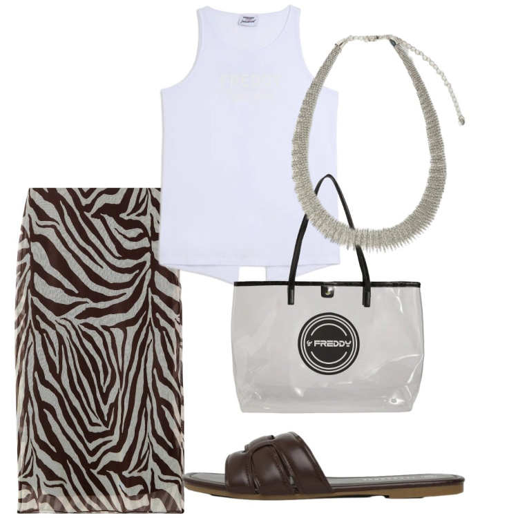 Outfit donna - Maggio. Stile Chic per Tutti i giorni. Abbinamento con gonne lunghe, ciabatte, canottiere, shopping bag, collane.