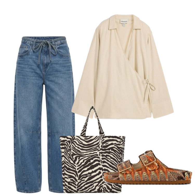 Outfit donna - Maggio. Stile Bon Ton per Tutti i giorni. Abbinamento con bluse, jeans, shopping bag, sandali.