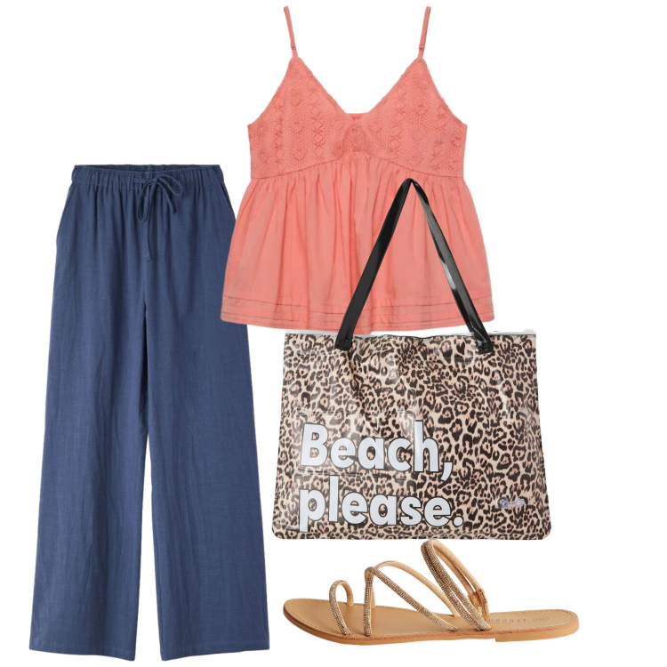 Outfit donna - Maggio. Stile Casual per Tutti i giorni. Abbinamento con borse tote, sandali, canottiere, pantaloni.