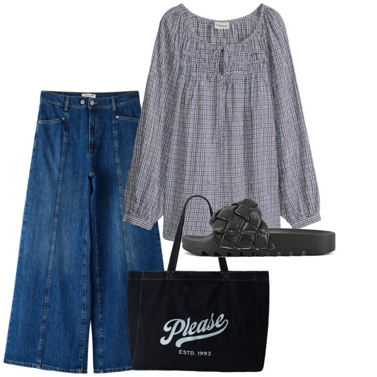 Outfit donna - Maggio. Stile Casual per Tutti i giorni. Abbinamento con bluse, jeans, shopping bag, ciabatte.