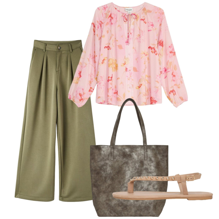 Outfit donna - Maggio. Stile Bon Ton per Tutti i giorni. Abbinamento con bluse, shopping bag, ciabatte, pantaloni.