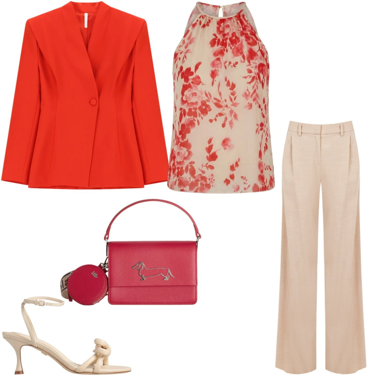 Outfit donna - Total look. Stile Casual chic per Serata fuori. Abbinamento con sandali in pelle, canottiere, pantaloni a palazzo, blazer, borse a tracolla.