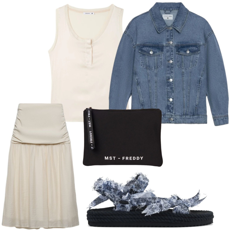 Outfit donna - Jeans e sandali. Stile Casual per Tutti i giorni. Abbinamento con gonne longuette, cappotti, canottiere, pochette, sandali.
