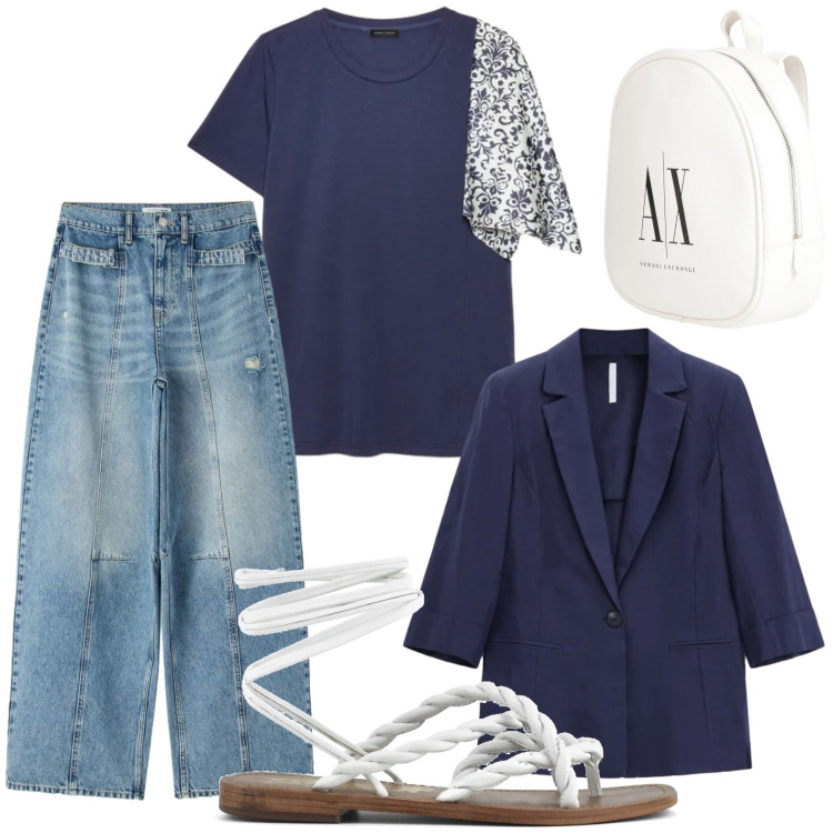 Outfit donna - Blazer e jeans. Stile Glamour per Tutti i giorni. Abbinamento con zaini, jeans, blazer, bluse, sandali in pelle.