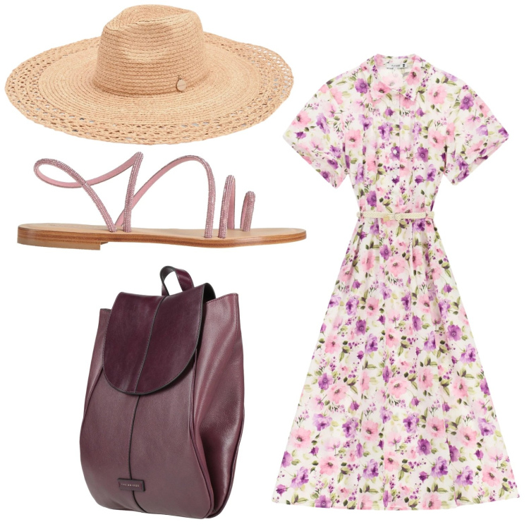 Outfit donna - Cappello in paglia. Stile Glamour per Tutti i giorni. Abbinamento con zaini, ciabatte, cappelli, vestiti midi/longuette.