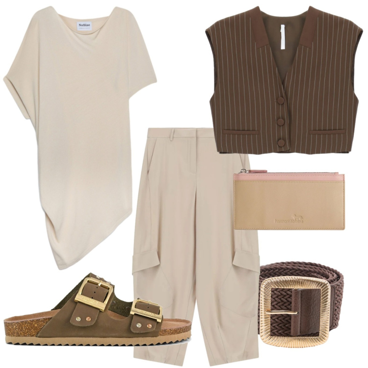 Outfit donna - T-shirt asimmetrica. Stile Casual per Tutti i giorni. Abbinamento con cinture, gilet, portafogli, pantaloni cargo, maglieria, sandali.
