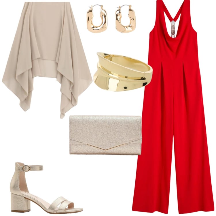 Outfit donna - La tuta elegante con scollo a cascata. Stile Glamour per Cerimonia. Abbinamento con tute, sandali col tacco, orecchini, clutch, cappe, braccialetti.