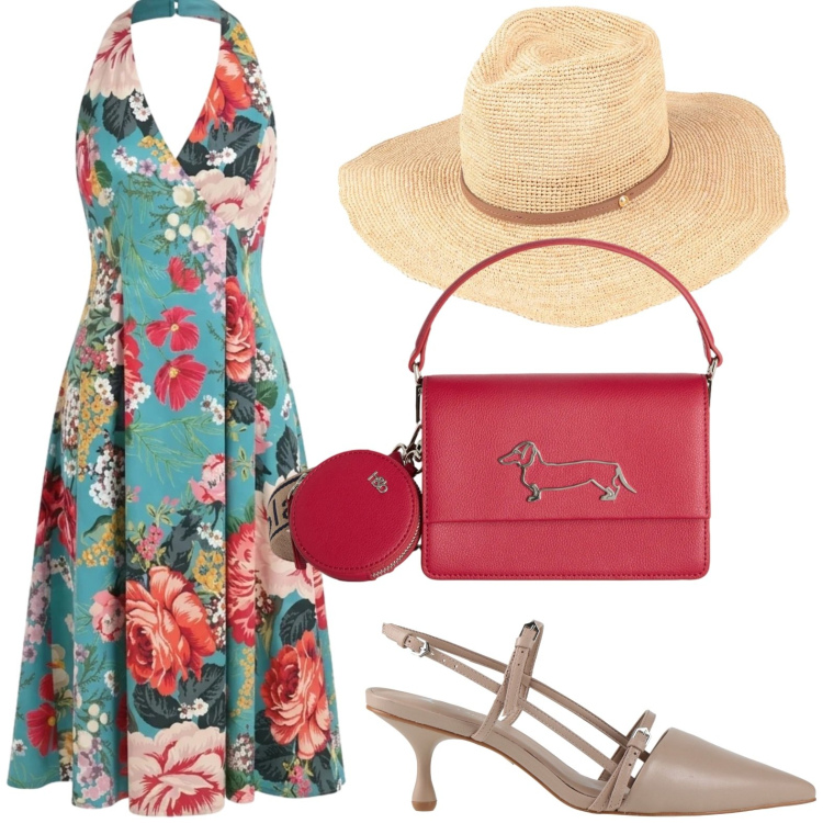 Outfit donna - L\'abito a fiori. Stile Glamour per Tutti i giorni. Abbinamento con décolleté, cappelli, vestiti midi/longuette, borse a tracolla.