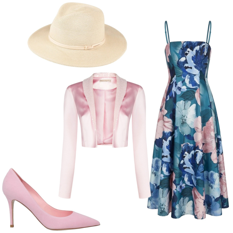 Outfit donna - Cerimonia in campagna. Stile Chic per Cerimonia. Abbinamento con cappelli, décolleté, bolero, vestiti midi/longuette.