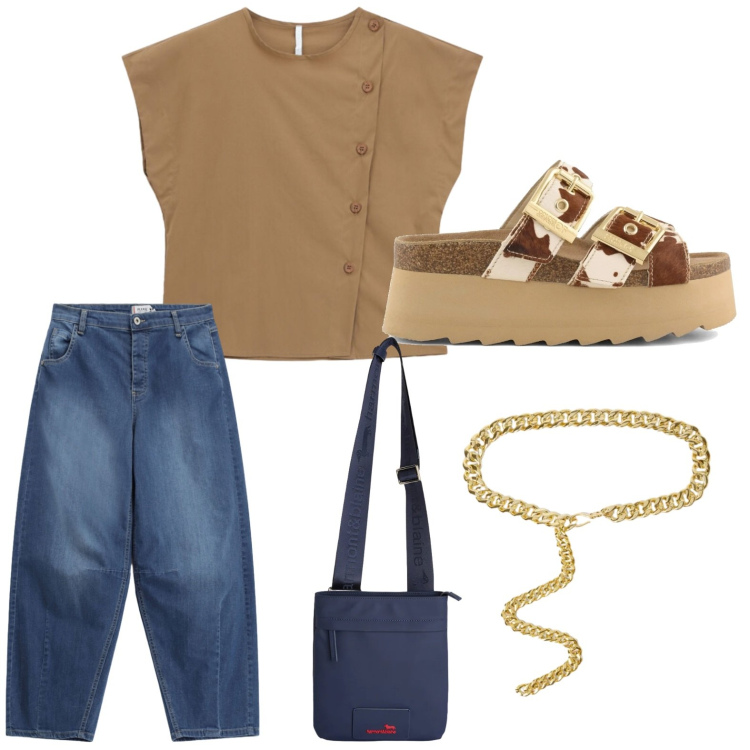 Outfit donna - Giacca gilet e jeans. Stile Trendy per Tutti i giorni. Abbinamento con camicie a manica corta, borse a tracolla, jeans, cinture, zeppe.