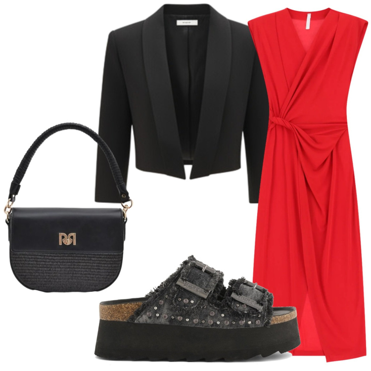 Outfit donna - Red and black. Stile Chic per Serata fuori. Abbinamento con borse a spalla, bolero, vestiti lunghi, zeppe.