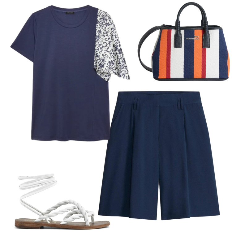 Outfit donna - Maggio. Stile Basic per Tutti i giorni. Abbinamento con bermuda, shopping bag, bluse, sandali in pelle.