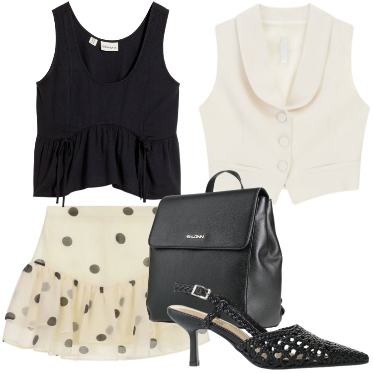 Outfit donna - Pois. Stile Glamour per Tutti i giorni. Abbinamento con zaini, top, décolleté, gilet, minigonne.