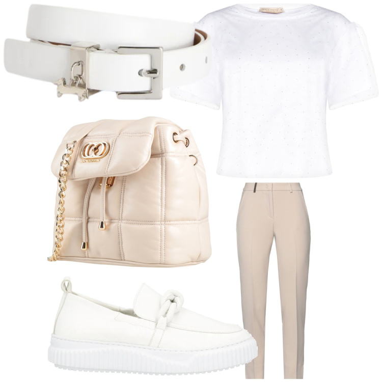 Outfit donna - L\'outfit che da luce. Stile Casual per Tutti i giorni. Abbinamento con mocassini, pantaloni, valigie, t-shirt, cinture.