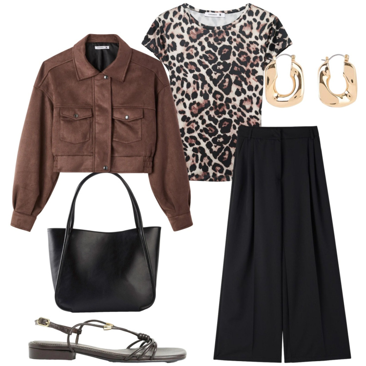 Outfit donna - Total look #2406709. Stile Casual chic per Tutti i giorni. Abbinamento con shopping bag, orecchini, sandali, pantaloni, bomber, t-shirt.