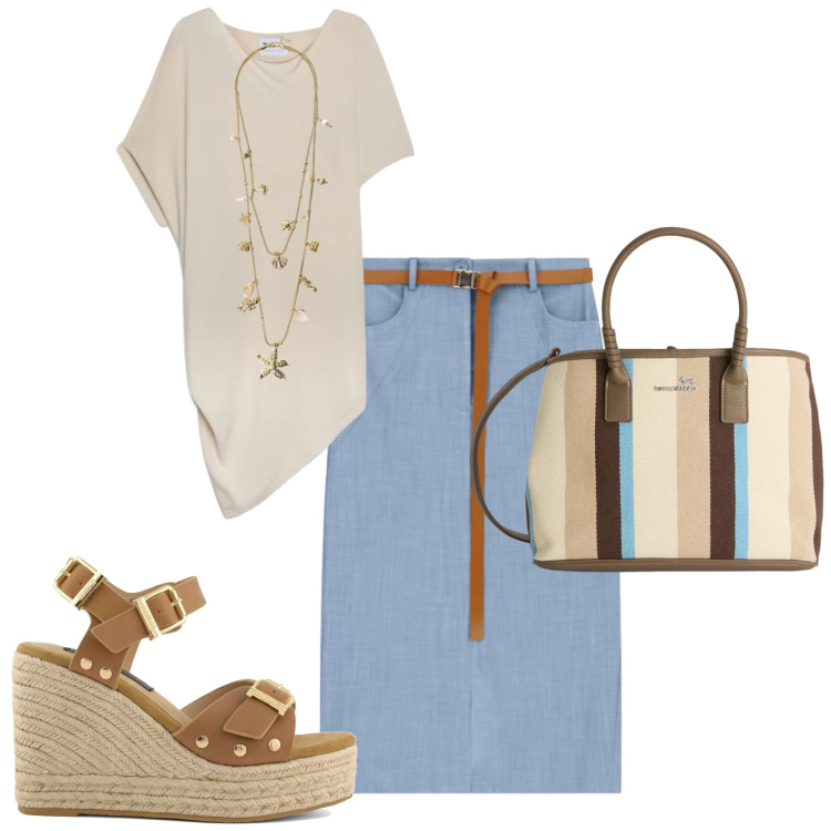 Outfit donna - City. Stile Casual chic per Tutti i giorni. Abbinamento con collane, gonne longuette, shopping bag, maglieria, zeppe.