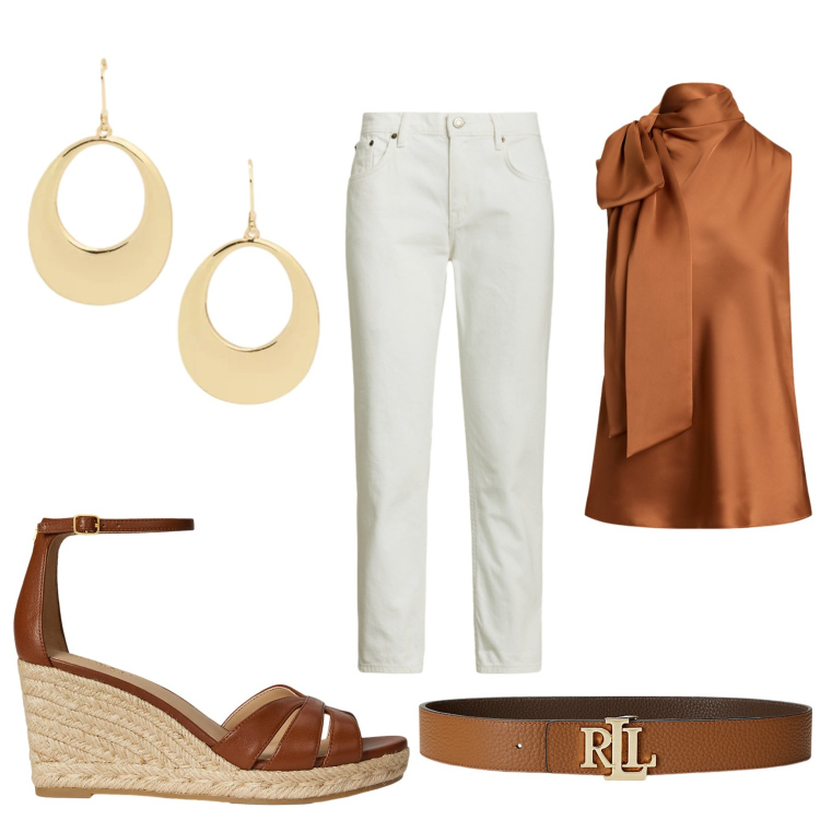 Outfit donna - Panna e caffè. Stile Chic per Serata fuori. Abbinamento con zeppe, cinture, bluse, jeans, orecchini.