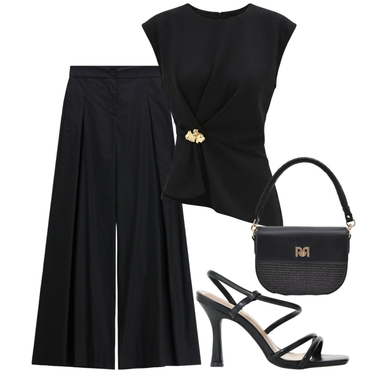 Outfit donna - Black. Stile Chic per Serata fuori. Abbinamento con pantaloni a palazzo, sandali col tacco, top, borse a spalla.