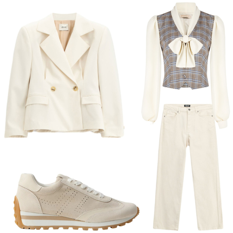 Outfit donna - Fiocchi e sneakers. Stile Bon Ton per Ufficio. Abbinamento con bluse, jeans dritti, blazer, sneakers.