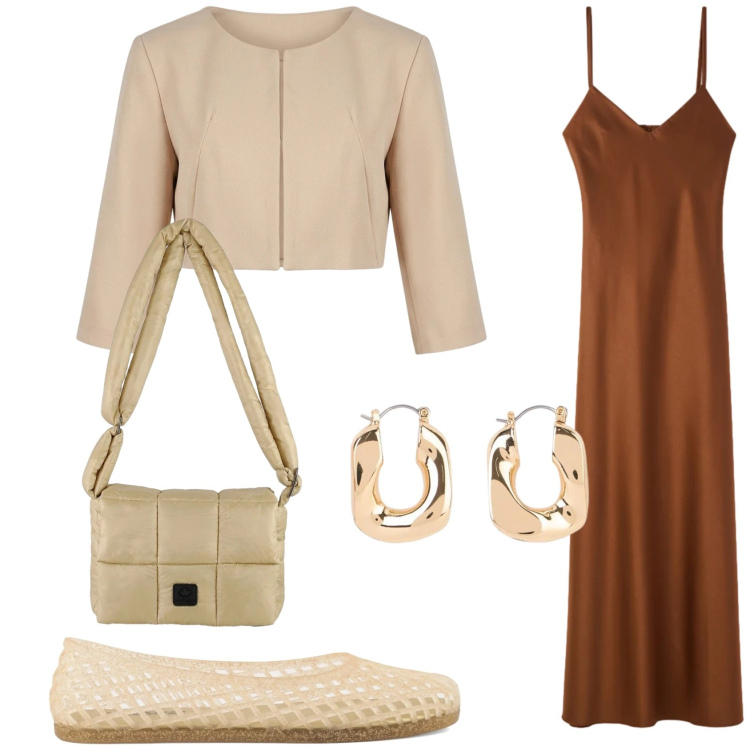 Outfit donna - Linee essenziali con l\'abito Terranova. Stile Etnico per Serata fuori. Abbinamento con orecchini, vestiti lunghi, bolero, borse a spalla, ballerine.