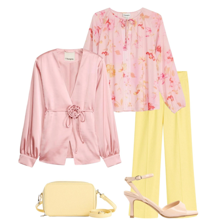 Outfit donna - Total look #2406731. Stile Chic per Cerimonia. Abbinamento con sandali col tacco, pantaloni a palazzo, bluse, blazer, borse a tracolla.