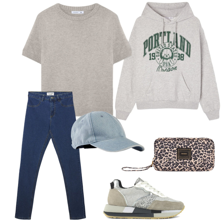 Outfit donna - Sportiva in primavera. Stile Casual per Tutti i giorni. Abbinamento con cappelli con visiera, felpe con cappuccio, jeggings, t-shirt, valigie, sneakers.
