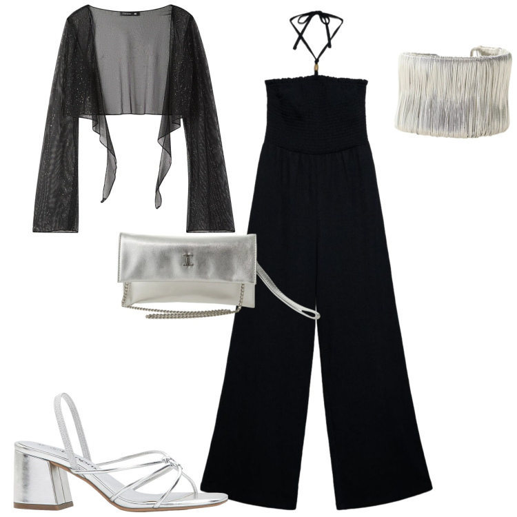 Outfit donna - La tuta nera. Stile Minimal per Serata fuori. Abbinamento con sandali col tacco, tute, blazer, borse a tracolla, braccialetti.