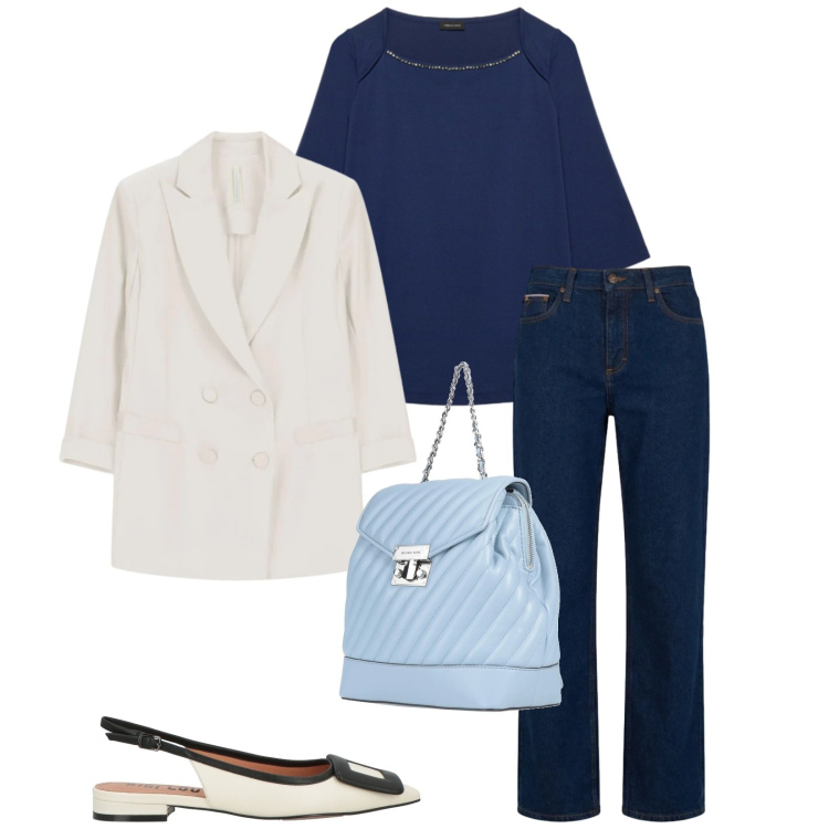 Outfit donna - Total look #2406740. Stile Casual chic per Ufficio. Abbinamento con zaini, ballerine, jeans, blazer, t-shirt.