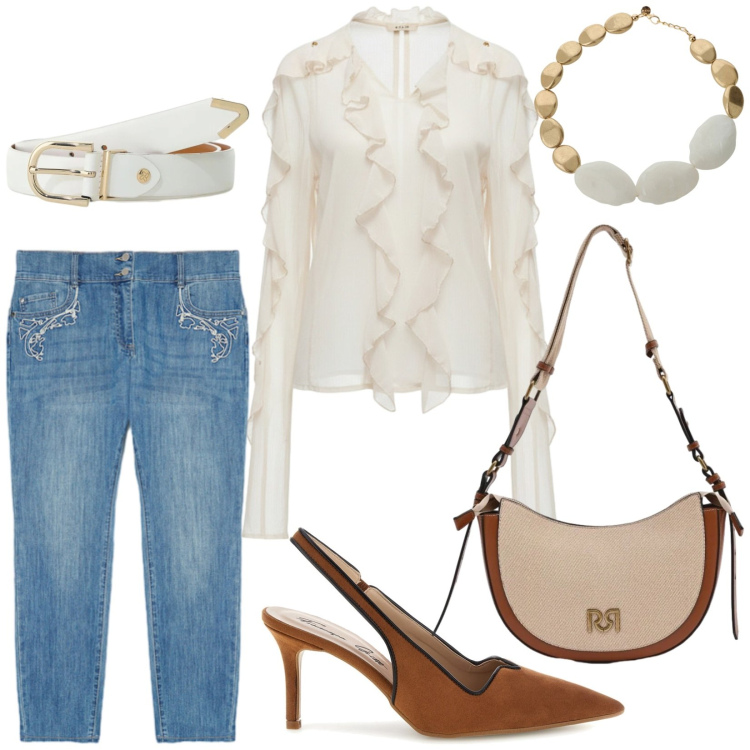 Outfit donna - Blusa con volant. Stile Boho per Tutti i giorni. Abbinamento con bluse, borse a tracolla, cinture, collane, jeans skinny, décolleté.