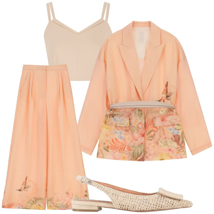 Outfit donna - Eventi. Stile Chic per Cerimonia. Abbinamento con ballerine, top, blazer, pantaloni a palazzo.