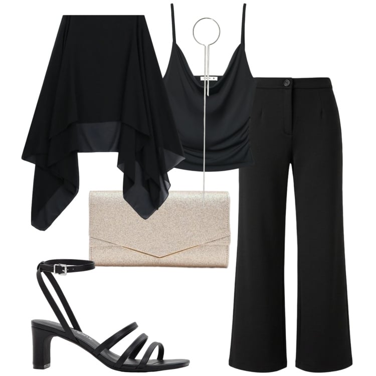 Outfit donna - Serata. Stile Chic per Serata fuori. Abbinamento con sandali col tacco, pantaloni, top, clutch, cappe, collane.