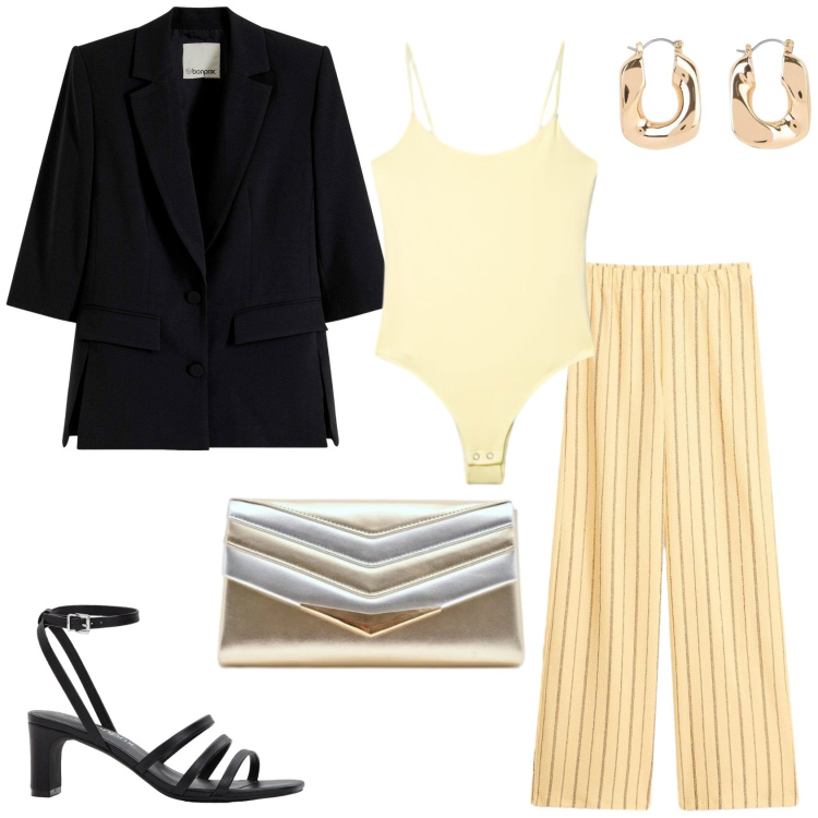 Outfit donna - Il Casual Chic. Stile Casual chic per Serata fuori. Abbinamento con blazer, orecchini, sandali col tacco, pantaloni, canottiere, pochette.