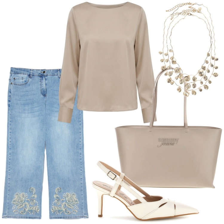 Outfit donna - Total look #2406762. Stile Bon Ton per Tutti i giorni. Abbinamento con bluse, collane, jeans, décolleté, borse a spalla.