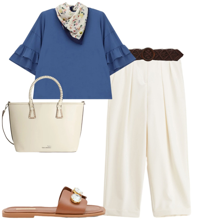 Outfit donna - City. Stile Urban per Tutti i giorni. Abbinamento con cinture, sandali gioiello, shopping bag, pantaloni, top.