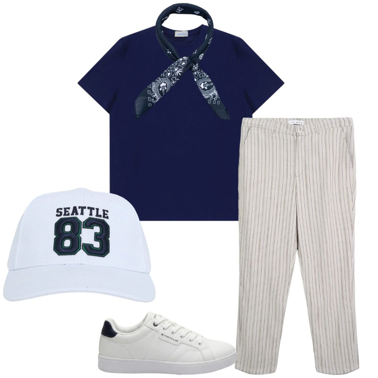 Outfit uomo - Total look #2406772. Stile Trendy per Tutti i giorni. Abbinamento con sneakers, cappelli, pantaloni chino, t-shirt, sciarpe e foulard.