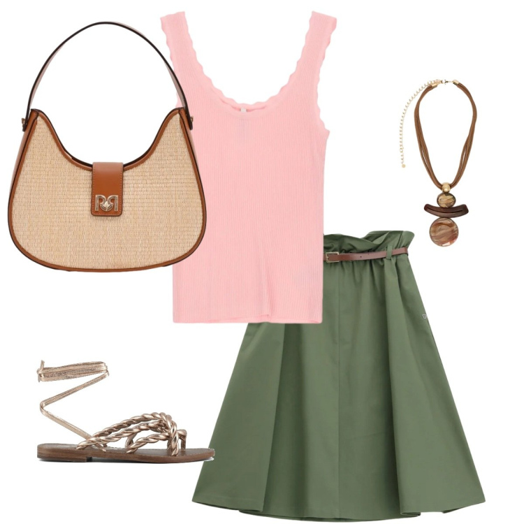 Outfit donna - Pomeriggio in centro. Stile Casual chic per Tutti i giorni. Abbinamento con borse a spalla, canottiere, gonne longuette, ciondoli, sandali in pelle.