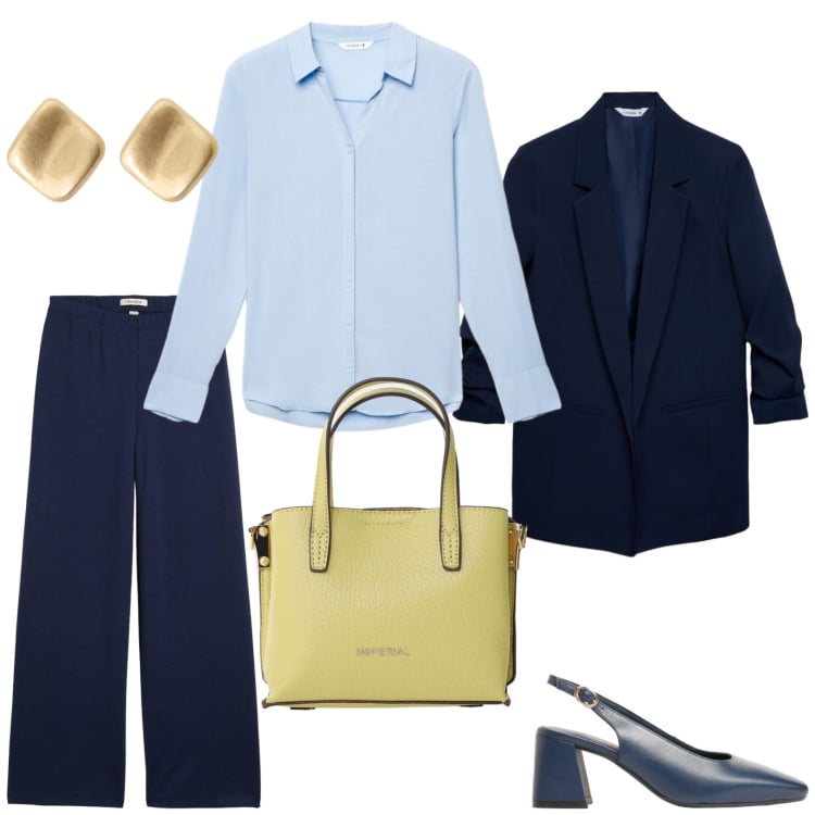 Outfit donna - Outfit da ufficio in primavera. Stile Casual chic per Ufficio. Abbinamento con pantaloni, décolleté, blazer, camicie, borse a tracolla, orecchini.
