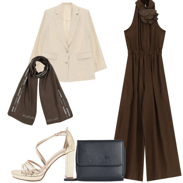 Outfit donna - Total look #2406776. Stile Chic per Serata fuori. Abbinamento con sciarpe, sandali col tacco, tute, blazer, portafogli.