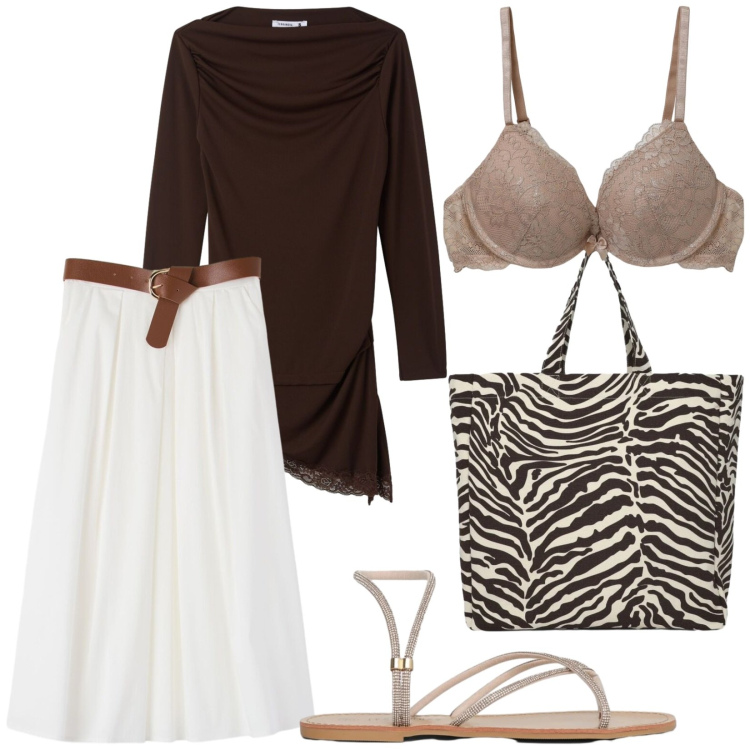 Outfit donna - Total look #2406778. Stile Boho per Tutti i giorni. Abbinamento con gonne longuette, t-shirt, shopping bag, sandali, reggiseni push-up.